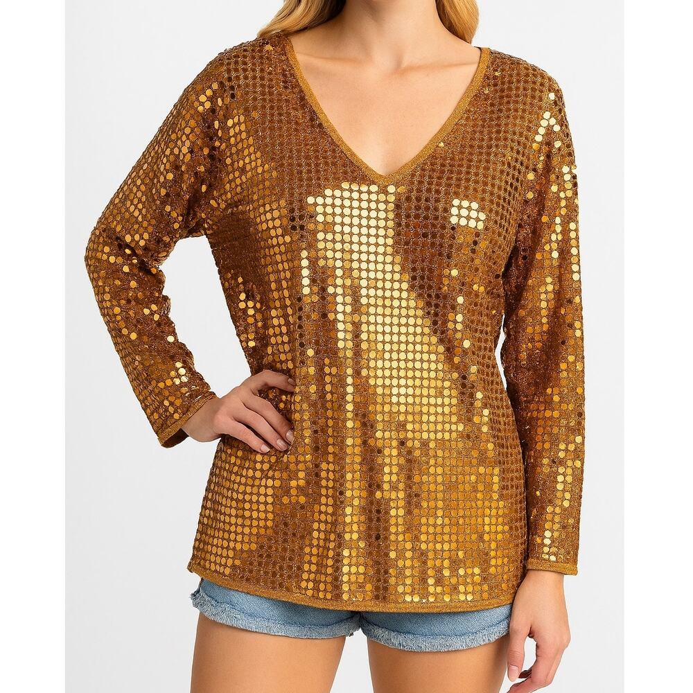 Vintage L. Magnin In Transit Gold Sequin Wool Blouse Oversized P/S